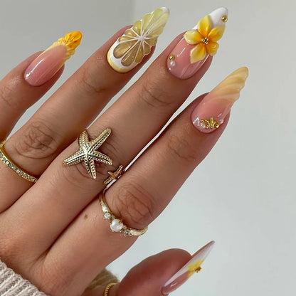 24pcs Exquisite 3D Floral Press on Nails Gold Lined Design Nail Sculpture Flower Nails Full Cover Manicure Almond Nail for Girls - Shiny Leaf