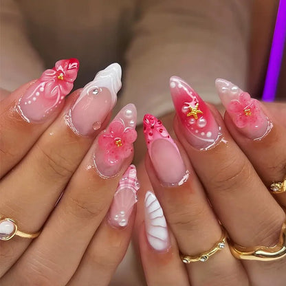 24pcs Exquisite 3D Floral Press on Nails Gold Lined Design Nail Sculpture Flower Nails Full Cover Manicure Almond Nail for Girls - Shiny Leaf