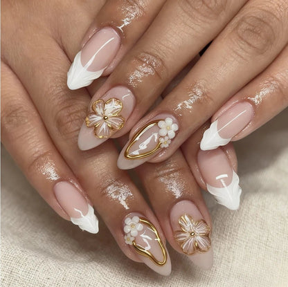 24pcs Exquisite 3D Floral Press on Nails Gold Lined Design Nail Sculpture Flower Nails Full Cover Manicure Almond Nail for Girls - Shiny Leaf