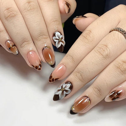24pcs Exquisite 3D Floral Press on Nails Gold Lined Design Nail Sculpture Flower Nails Full Cover Manicure Almond Nail for Girls - Shiny Leaf